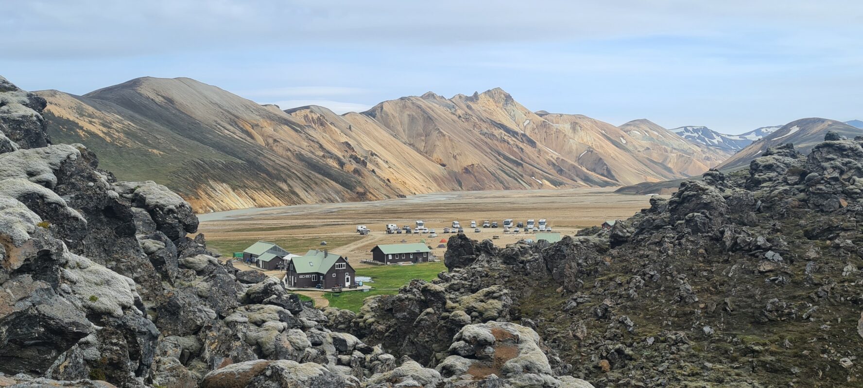 Mountain huts in the Icelandic Highlands, along the Dalastigur Trek.