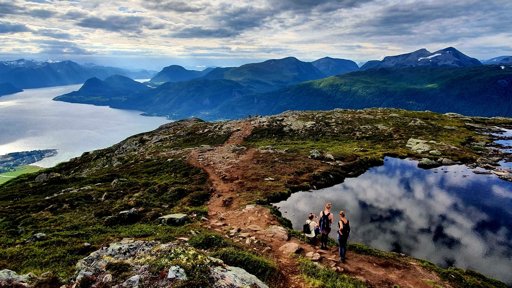 Mountain lake and women hikers in Norway