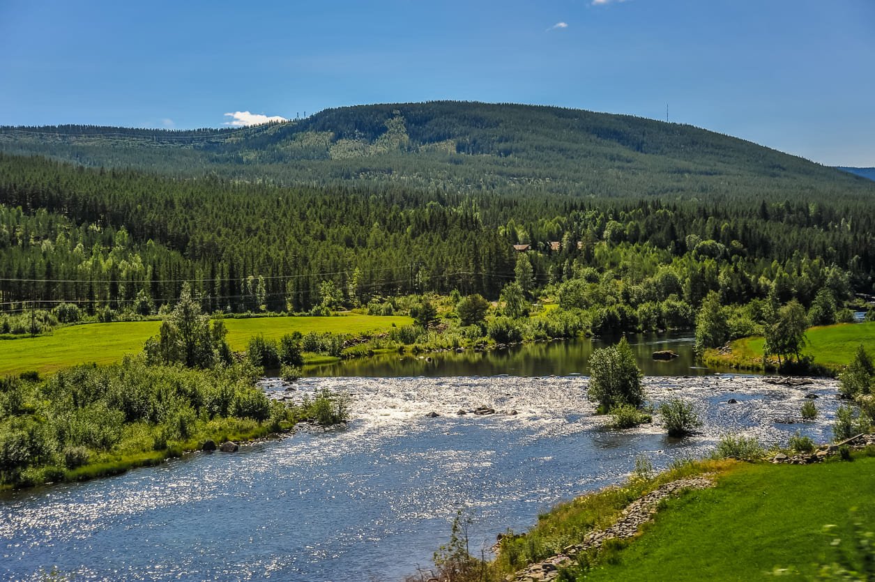 Small river flowing through the city of Geilo in the Hallingdal valley, Norway