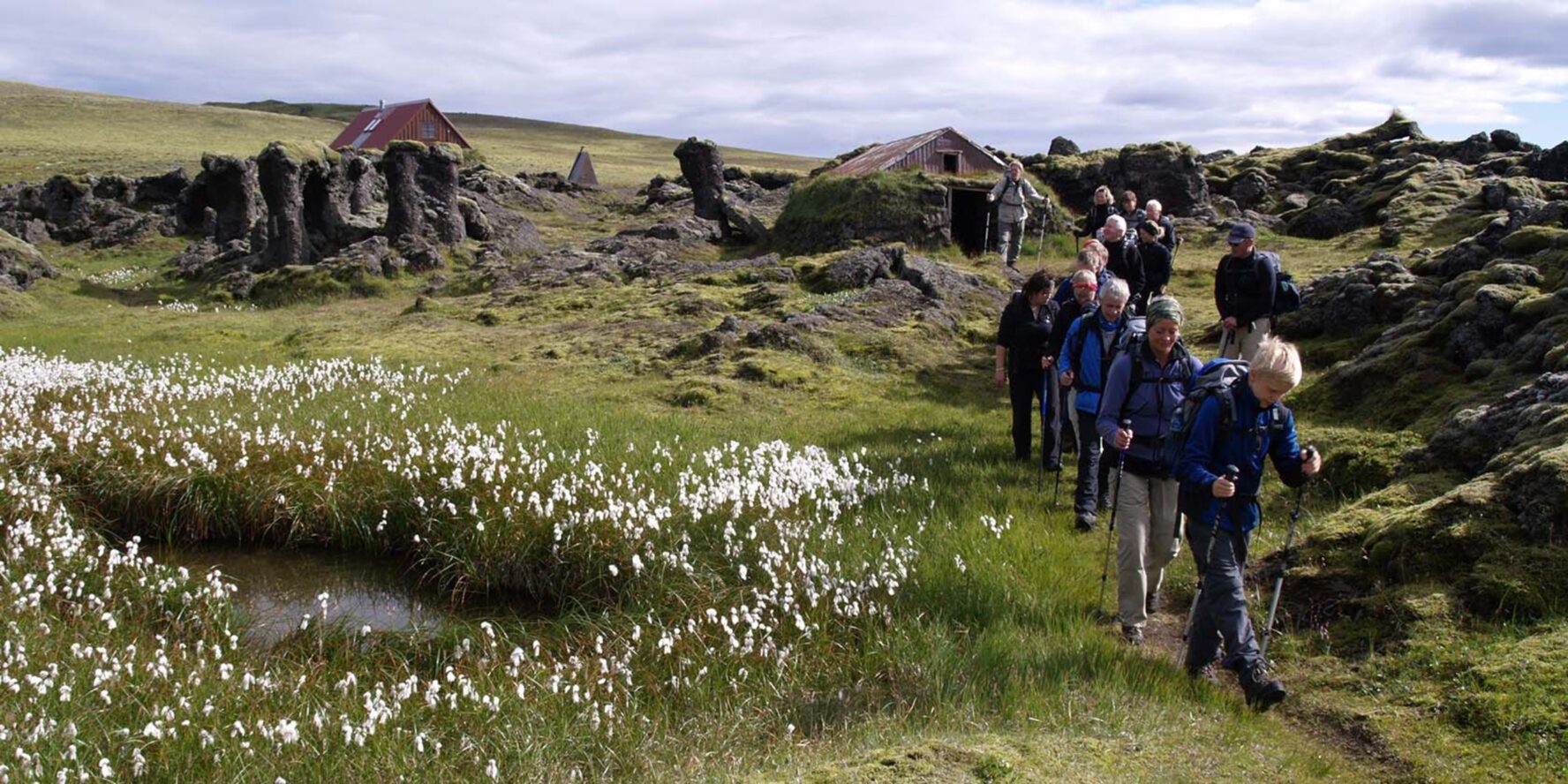 Hikers in Skaelingar, in a small hamlet in the icelandic Highlands.