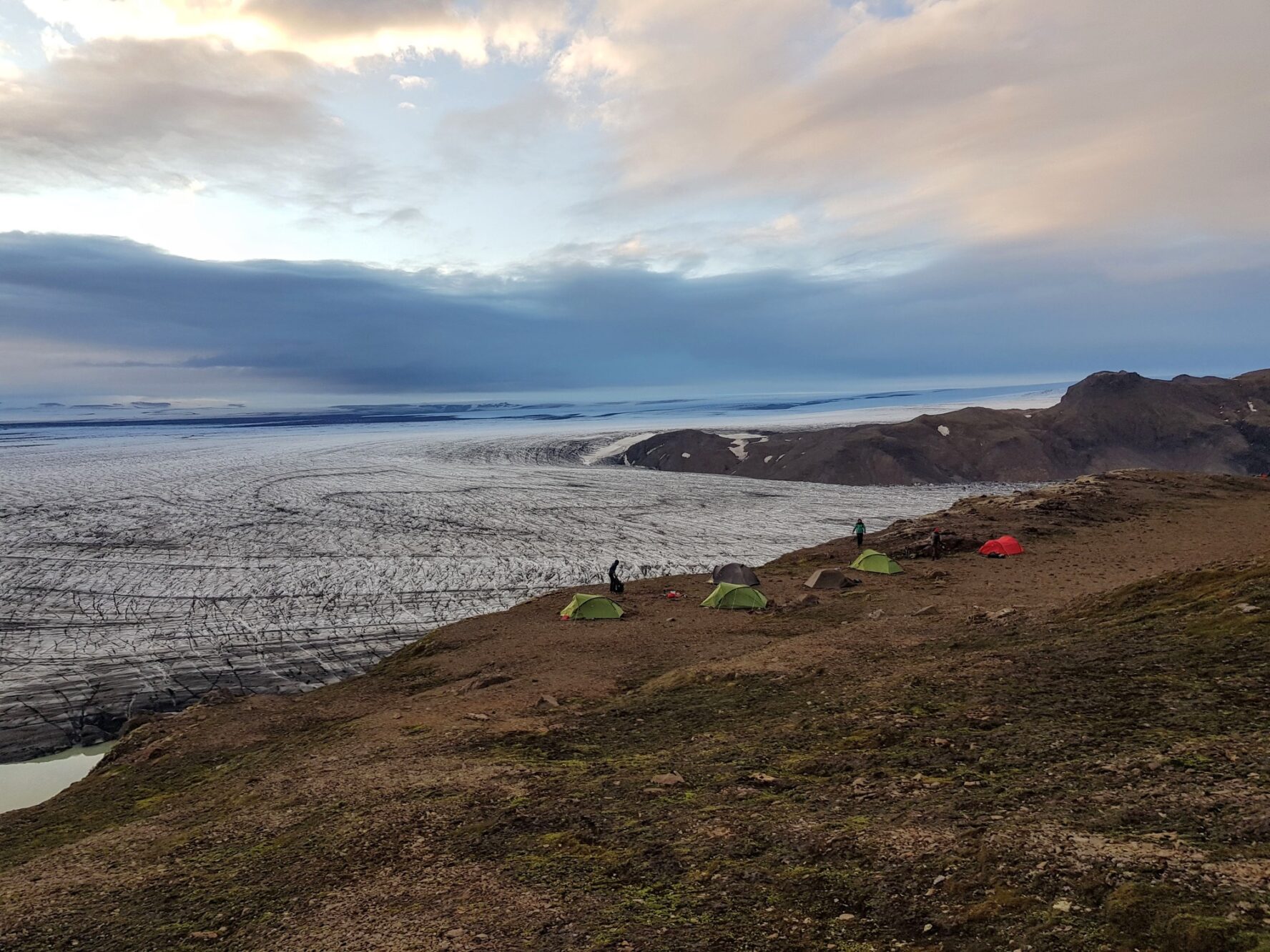 Camping spot above an outlet glacier in the Vatnajokull National Park, Iceland.
