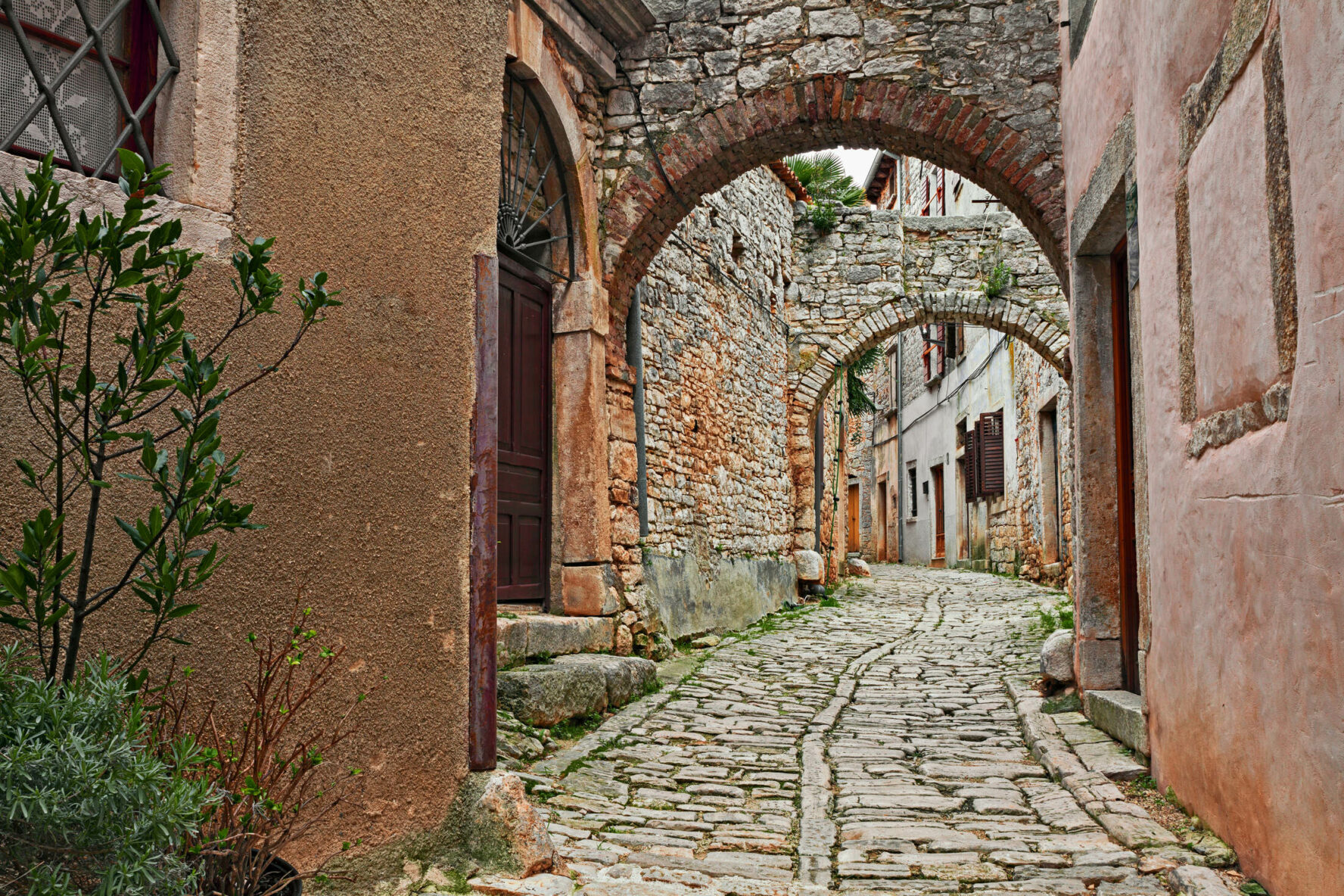 Cobblestone street in Istria, Croatia.