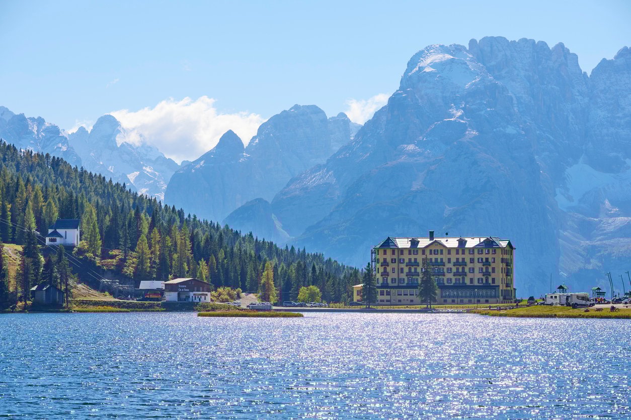 A bench near a lake in Misurina, Dolomites, Italy.