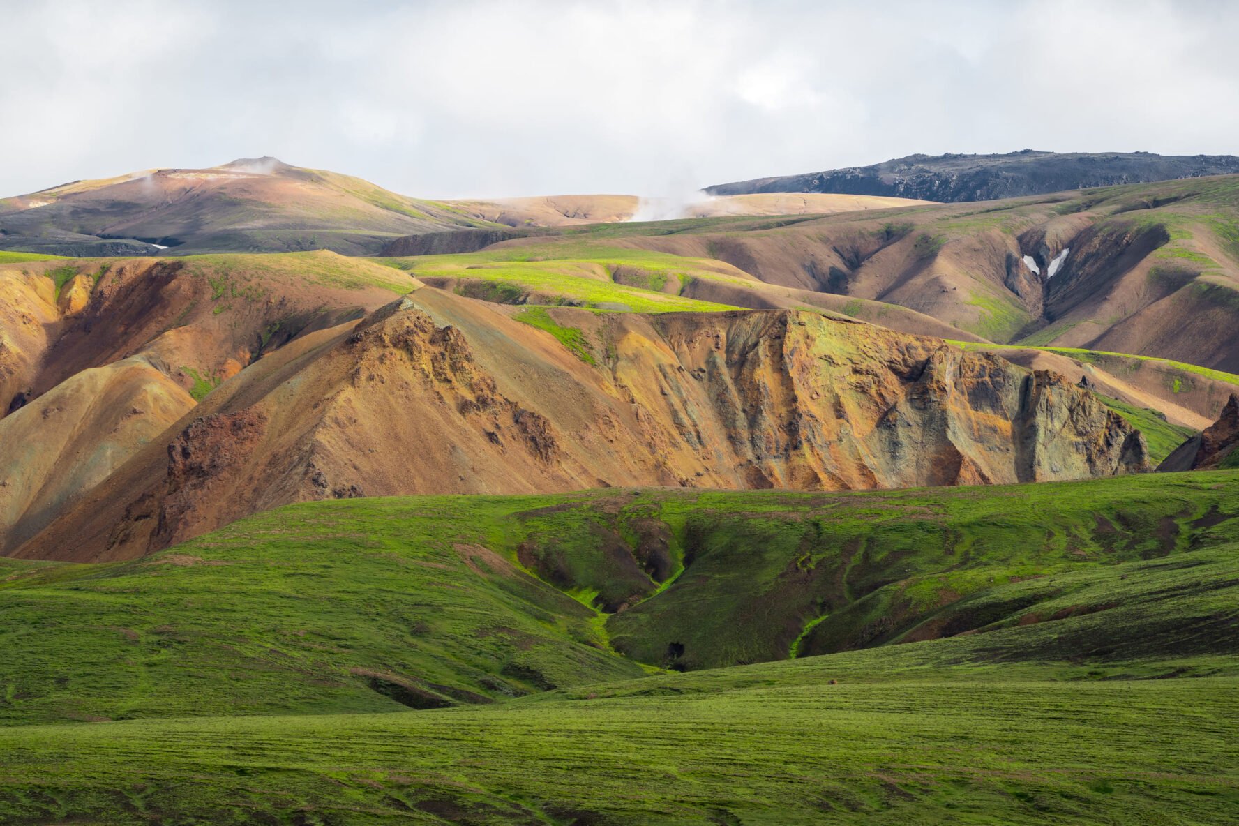 Lush valley colorful mountains, Laugavegur