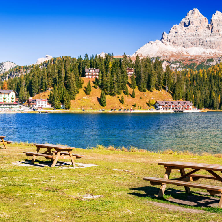 Misurina, Tre Cime di Lavaredo in Italy - Veautiful Misurina Lake and Sexten Dolomites or Dolomiti di Sesto, South Tyrol region of Alps.