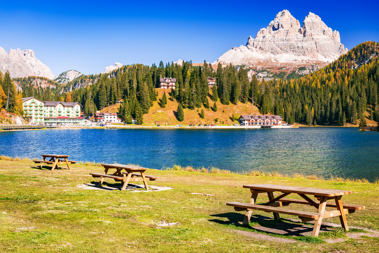 Misurina, Tre Cime di Lavaredo in Italy - Veautiful Misurina Lake and Sexten Dolomites or Dolomiti di Sesto, South Tyrol region of Alps.