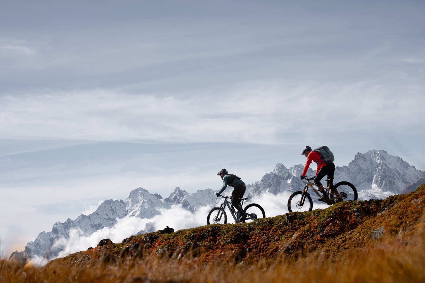 Mountain bikers going downhill from Verbier to Zermatt
