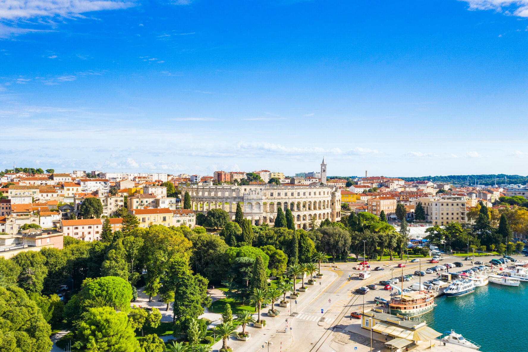 Pula waterfron with a Roman amphitheater, iStria, Croatia.