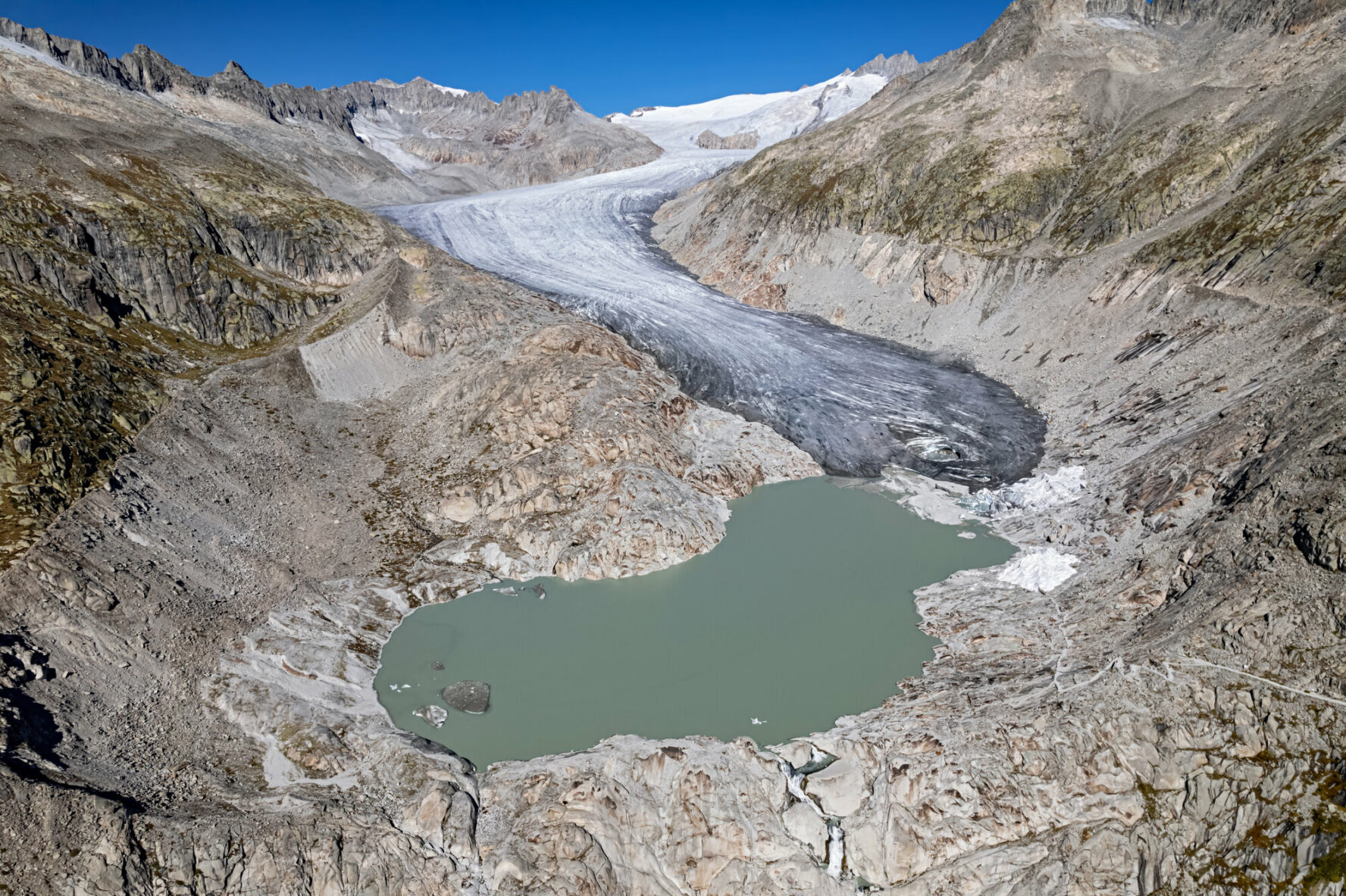 Rhone glacier and the source of the Rhone river.