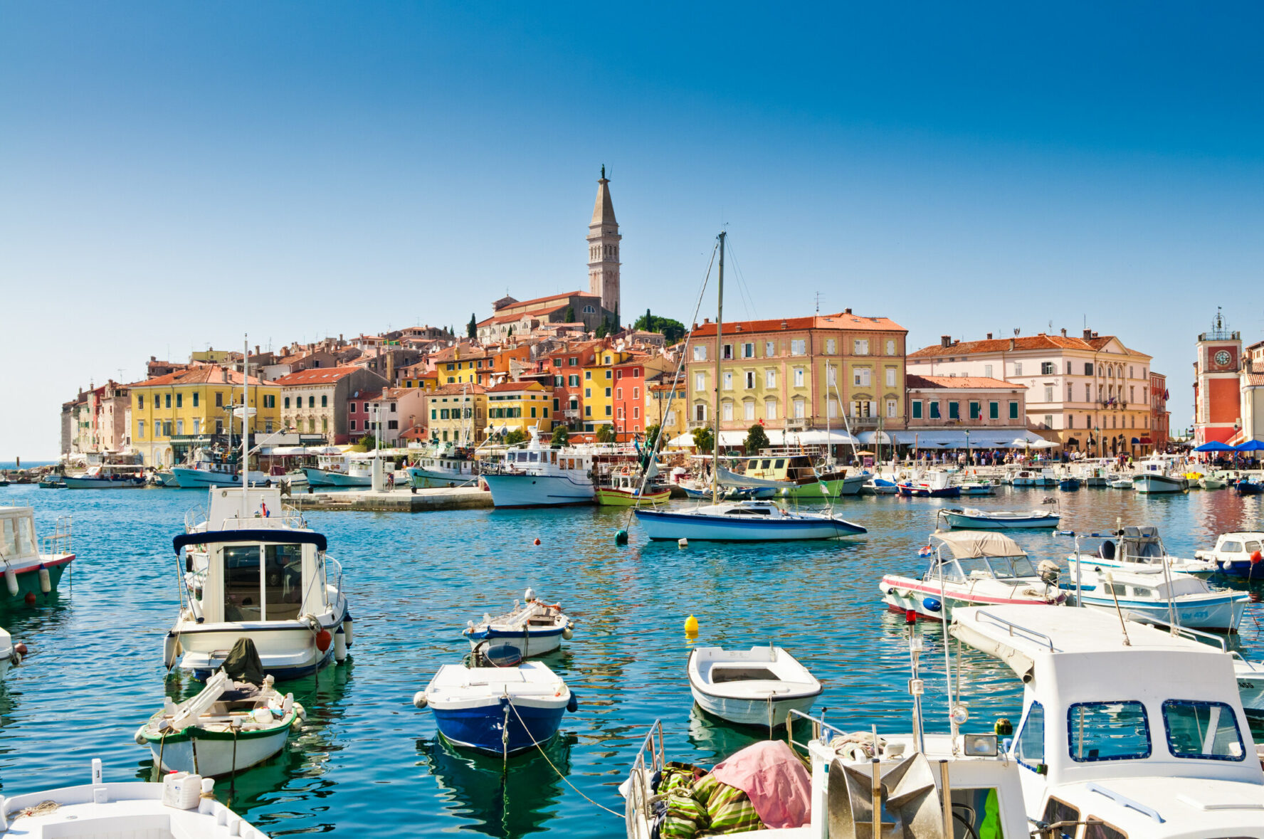 Vedute of the stylish Croatian coastal town of Rovinj, in Istria region.
