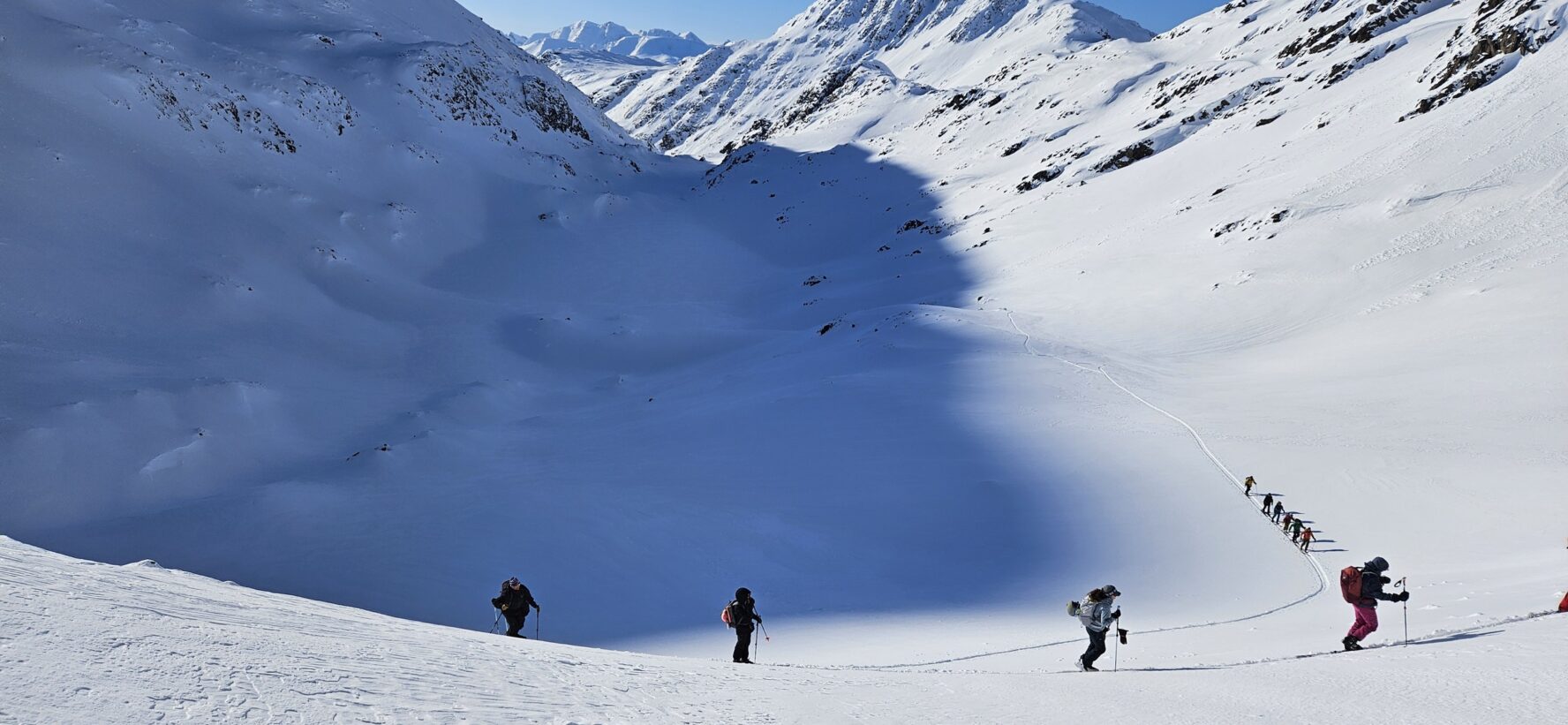 Skiers carving lines in fresh snow