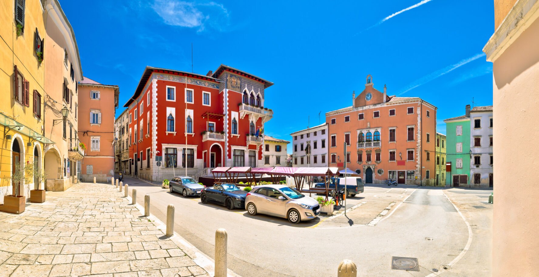 Town square of the Croatian town of Vodnjan, with a Venetian-era town hall, Istria.