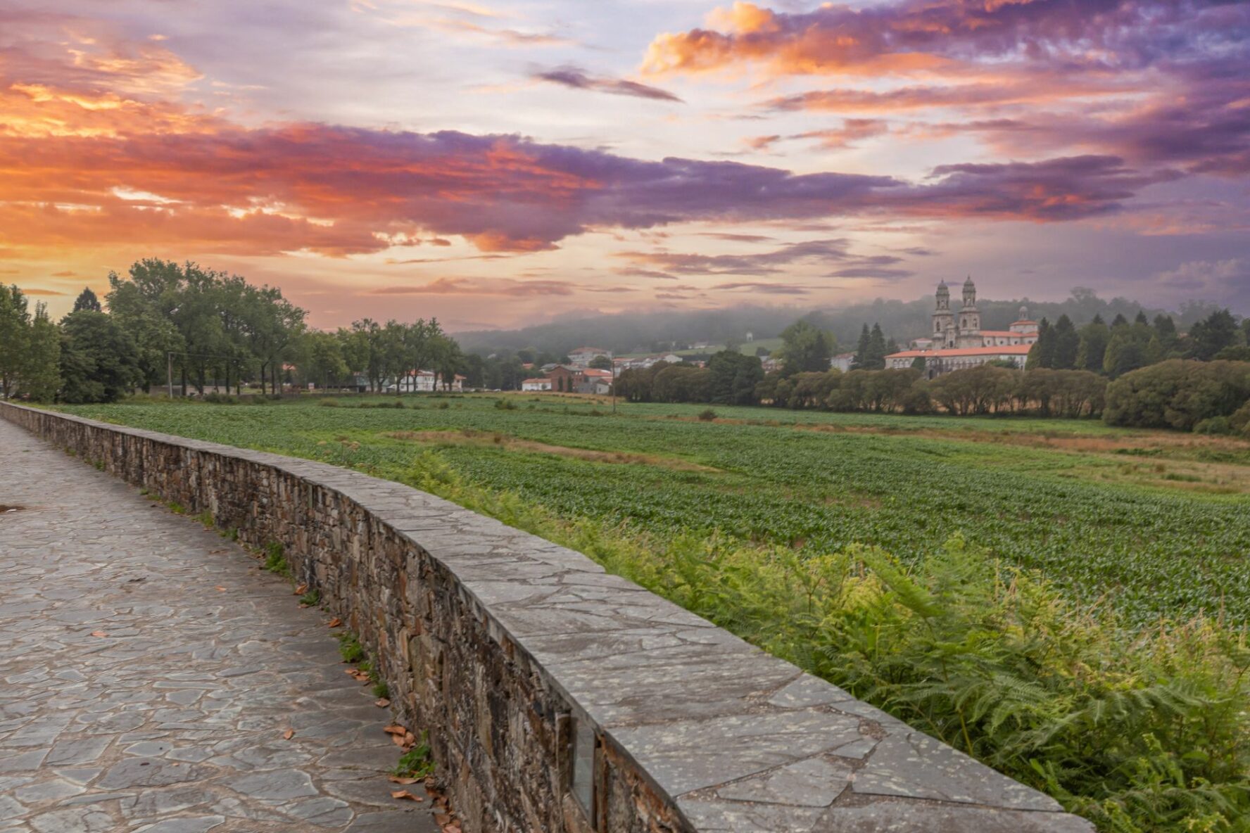 View while approaching the Galician town of Arzua along Camino de Santiago.