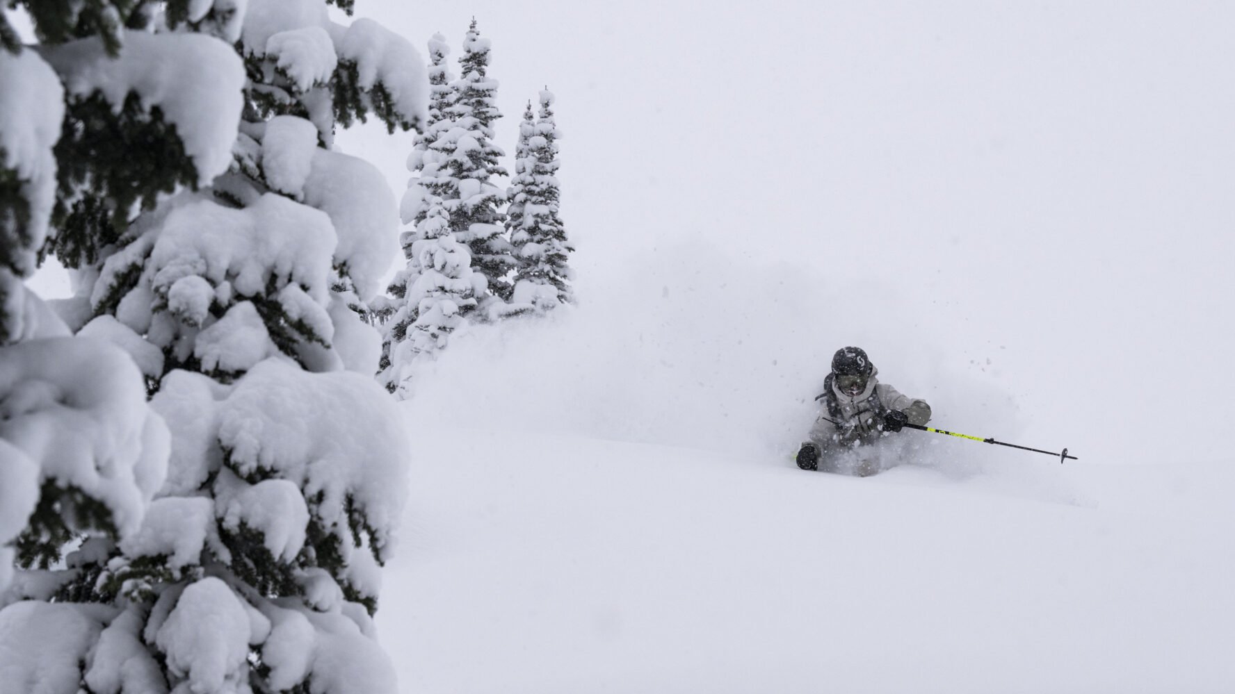 A backcountry skier engulfed in powder, near Purcell Mountain Lodge, British Columbia.