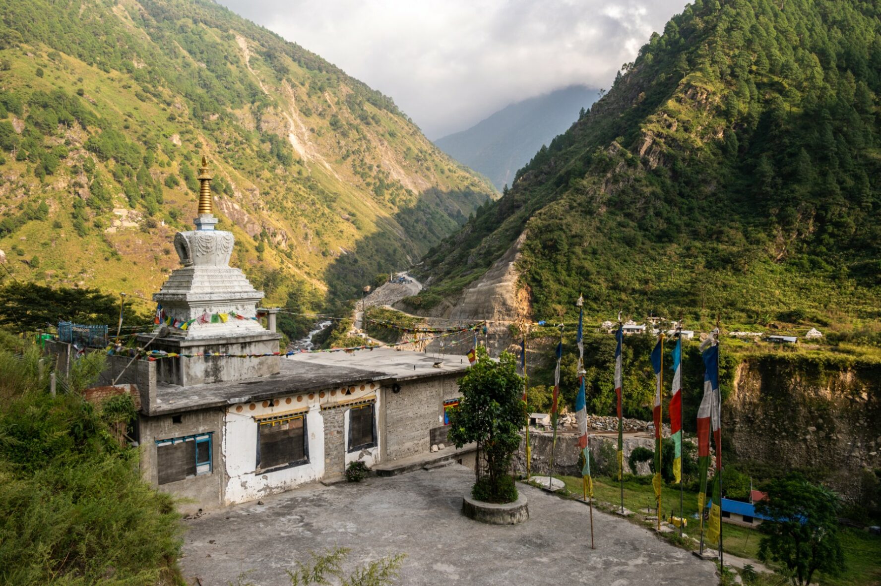 Buddhist pagoda in Syabrubesi, seen while hiking the Langtang Valley Trek.
