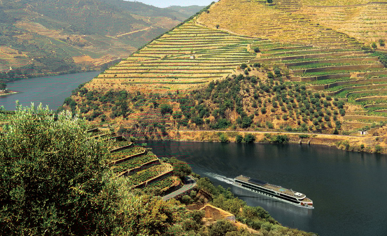 Cruising by terraced vineyards on the banks of the Douro River