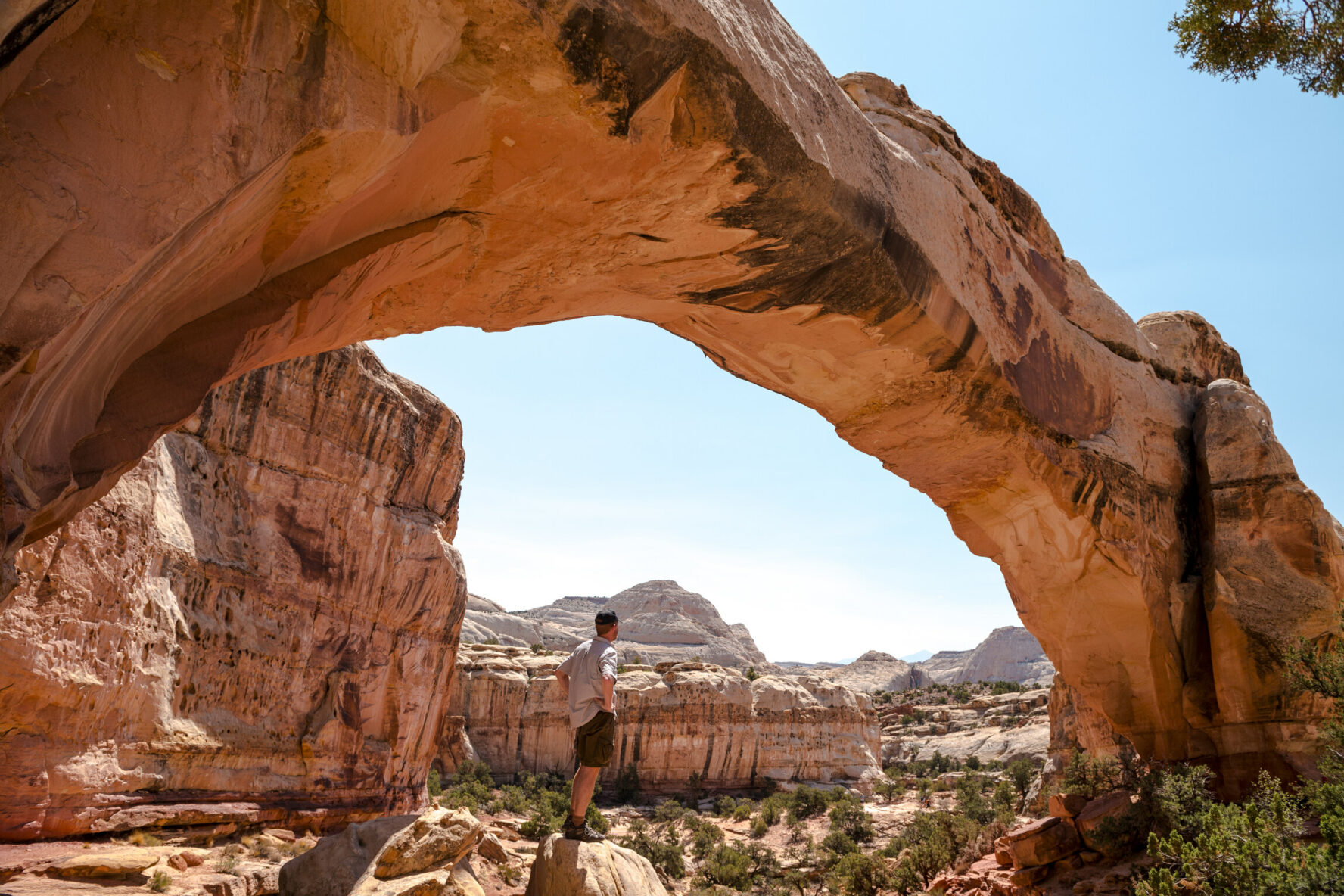 A backpacker below the impressive John Hamblin sandstone arch in Coyote Gulch.