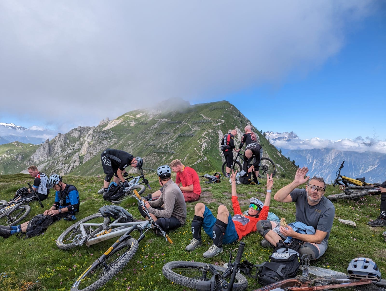 MTBers resting near Verbier in the Alps