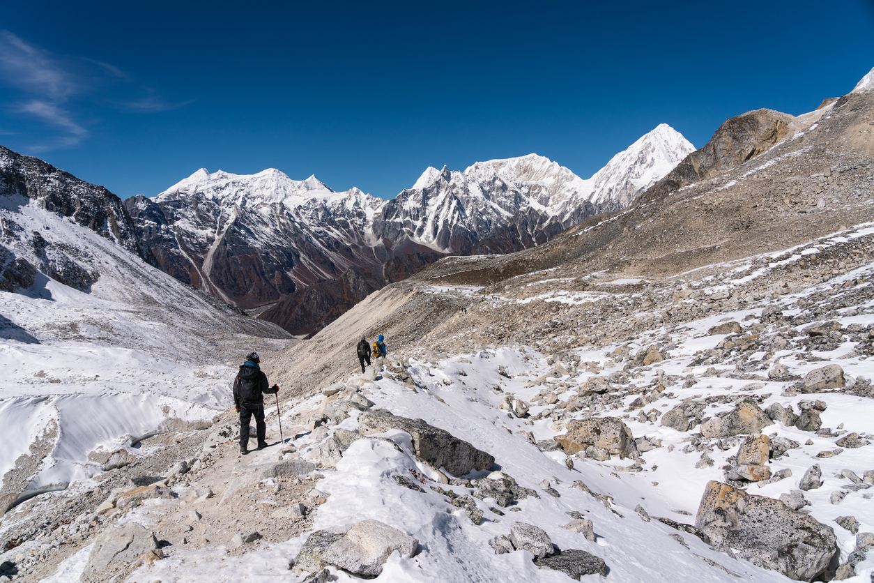 Trekking trail to Larkya pass in Manaslu circuit trekking route, Himalaya mountains range in Nepal, Asia