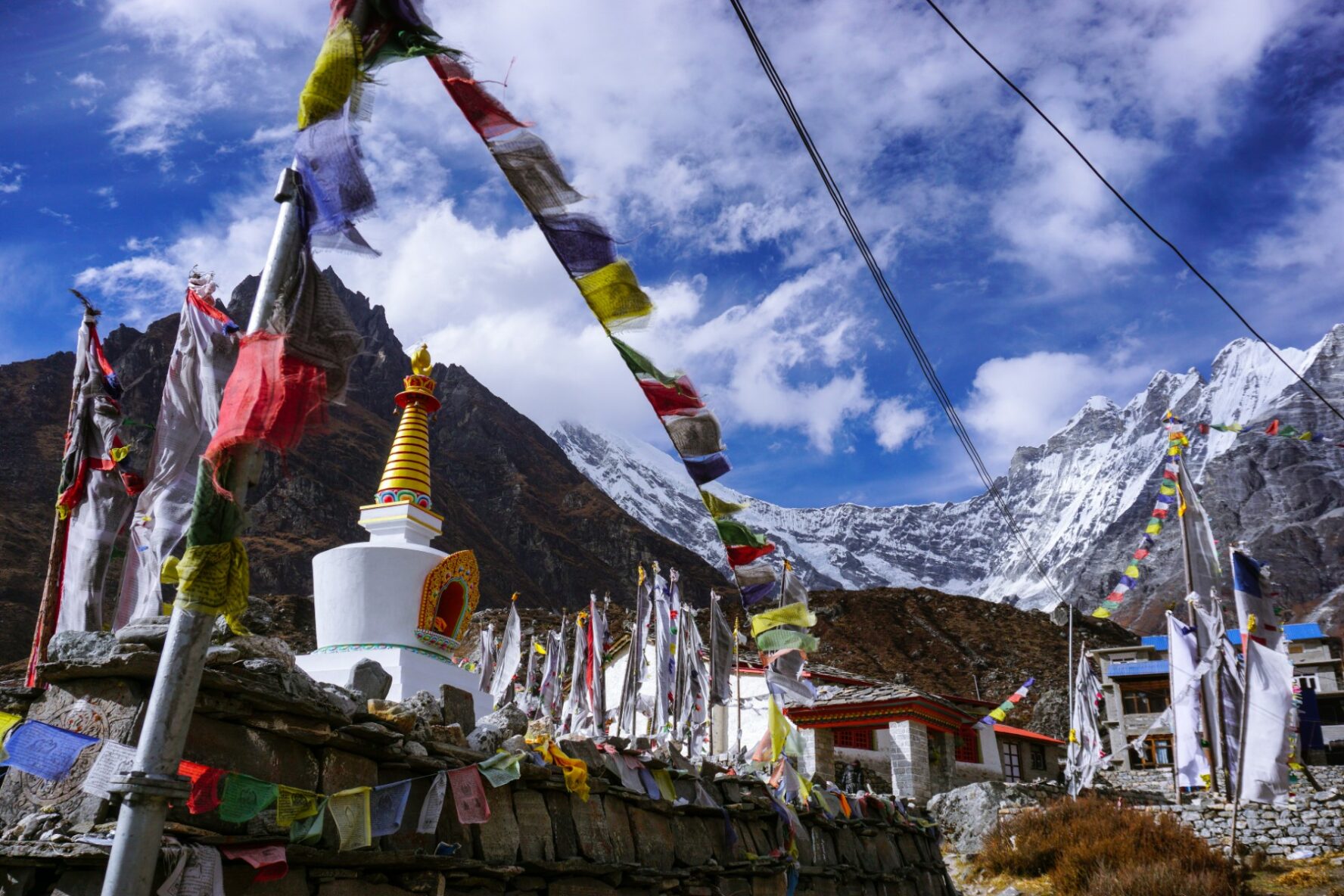 Stupa in the Himalayan village of Kyanjin Gompa, seen during the Langtang Valley trek adventure.