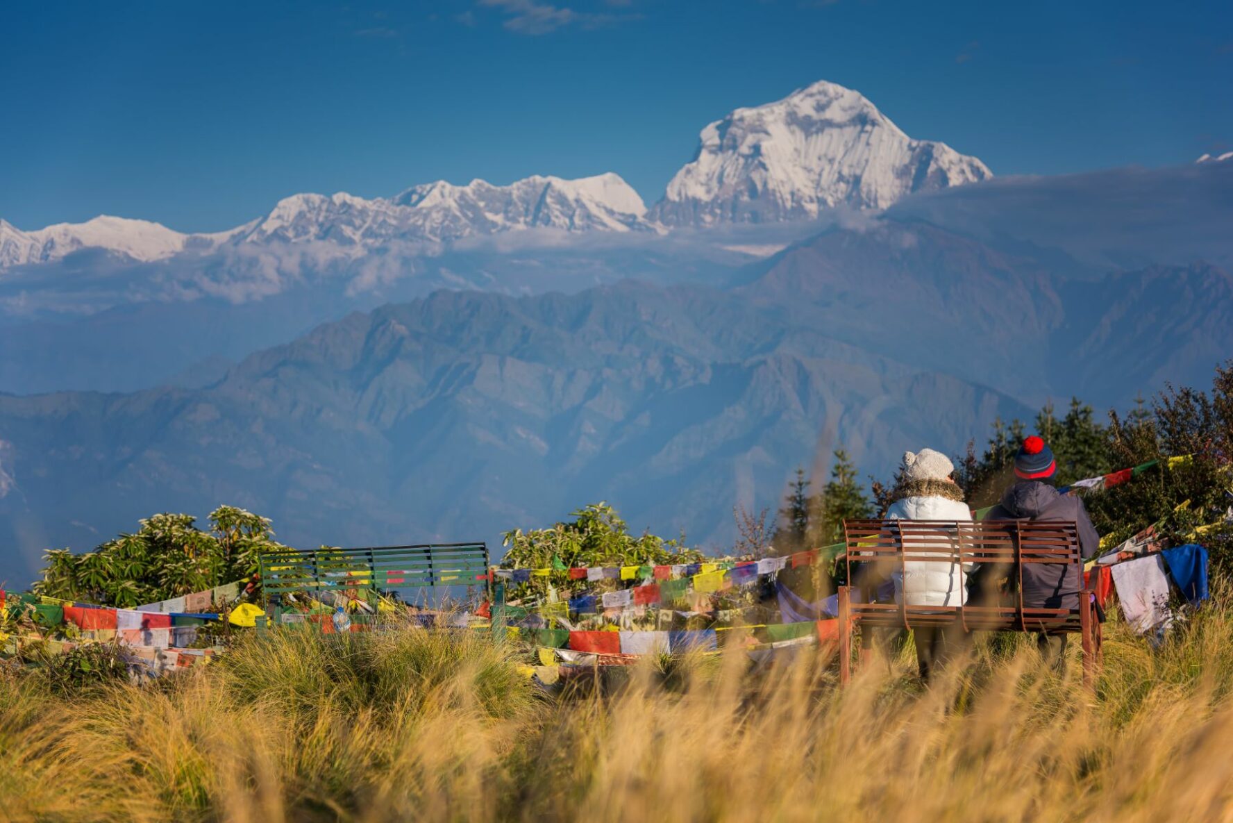 Trekkers admiring views of Himalayan peaks from the iconic Poon Hill viewpoint, during their Annapurna Base Camp Trek.