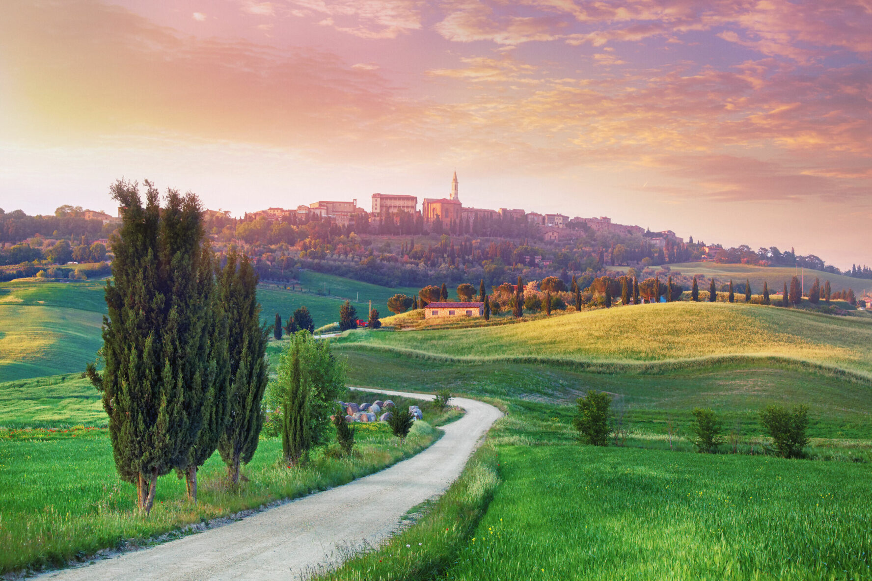 Landscape surrounding the Tuscan town of Pienza, seen during the val d’Orcia hiking tour.