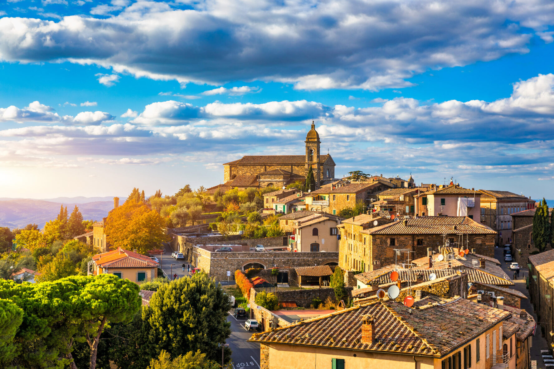 Vedute of the Tuscan hilltop town of Montalcino, Val d'Orcia.
