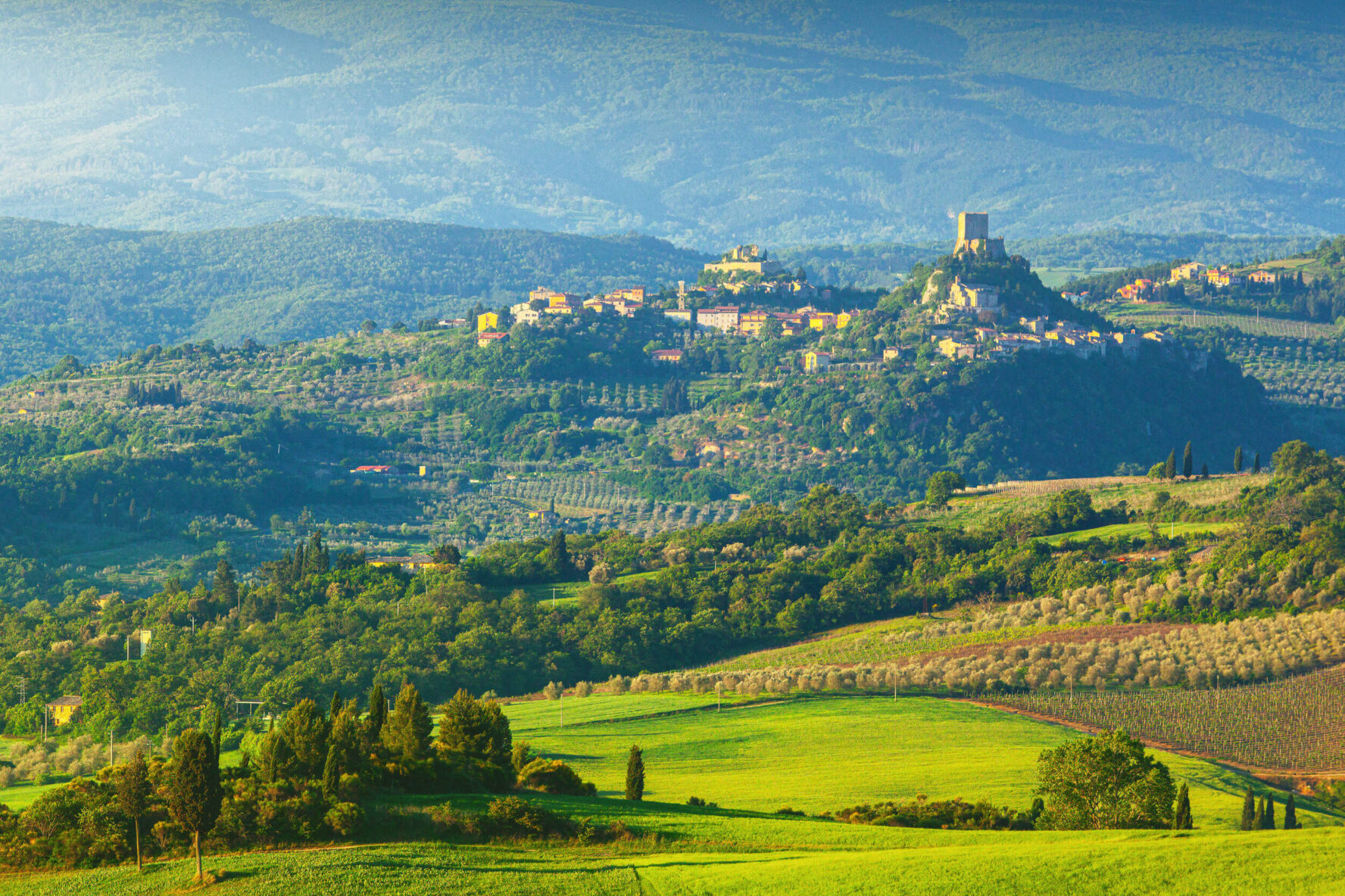 Landscapes surrounding Rocca d’Orcia, a fort and a nearby town in Val d’Orcia, Tuscany.