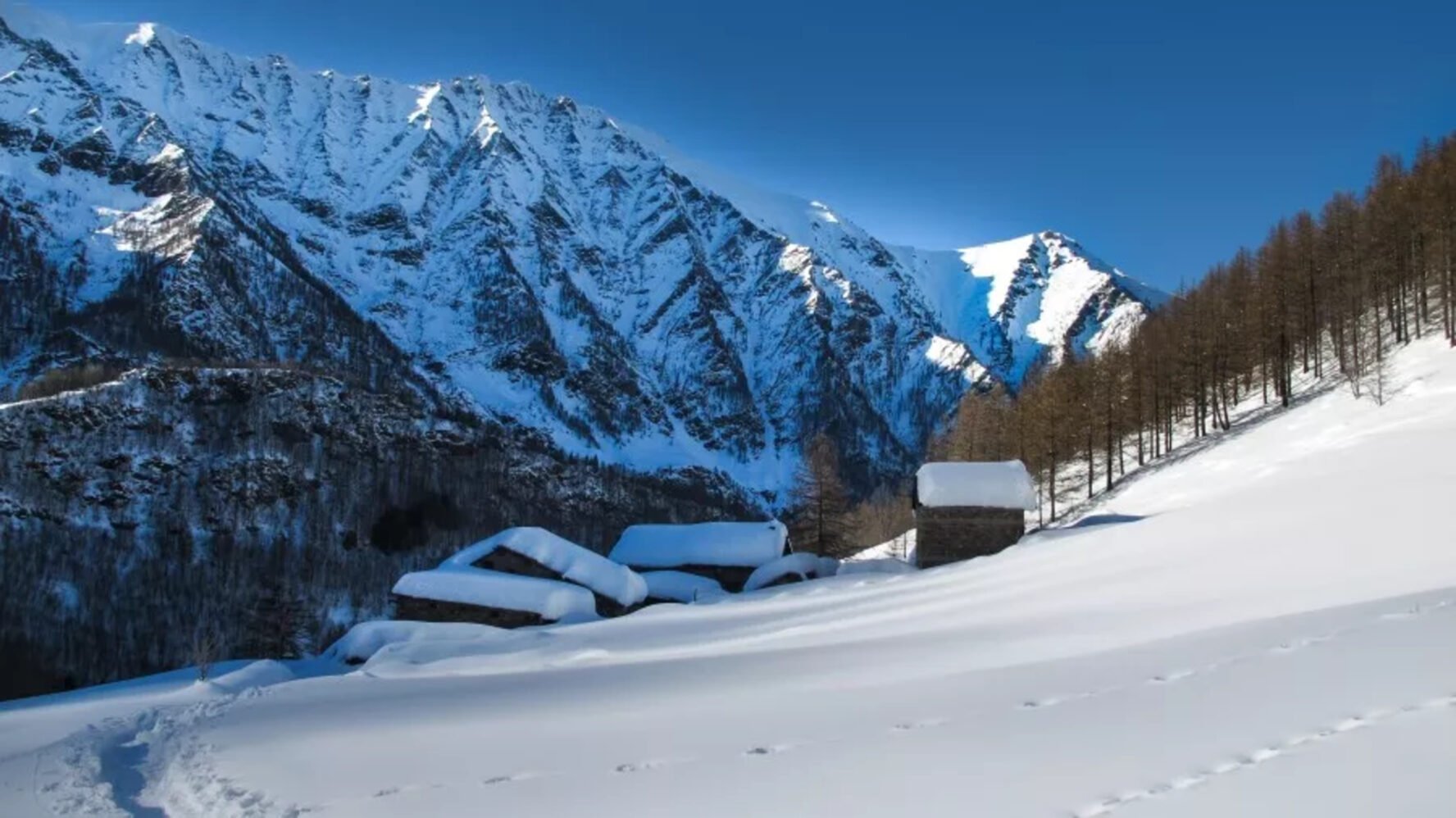 Alpine landscape seen while freeride skiing in the French Alps.
