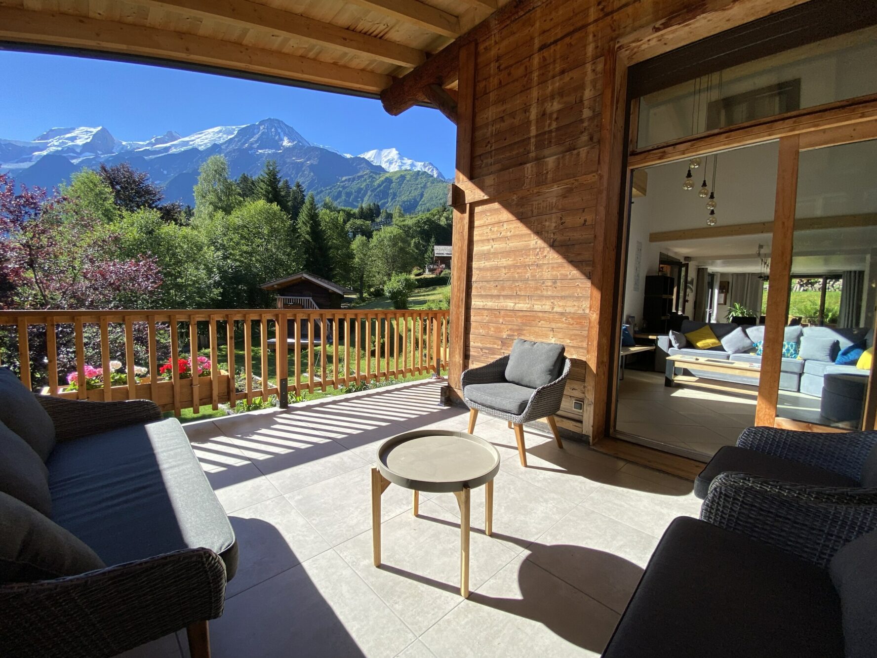 Covered terrace in a French mountain chalet.