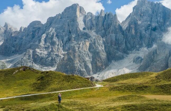 Hiker near Passo Rolle, Alta Via