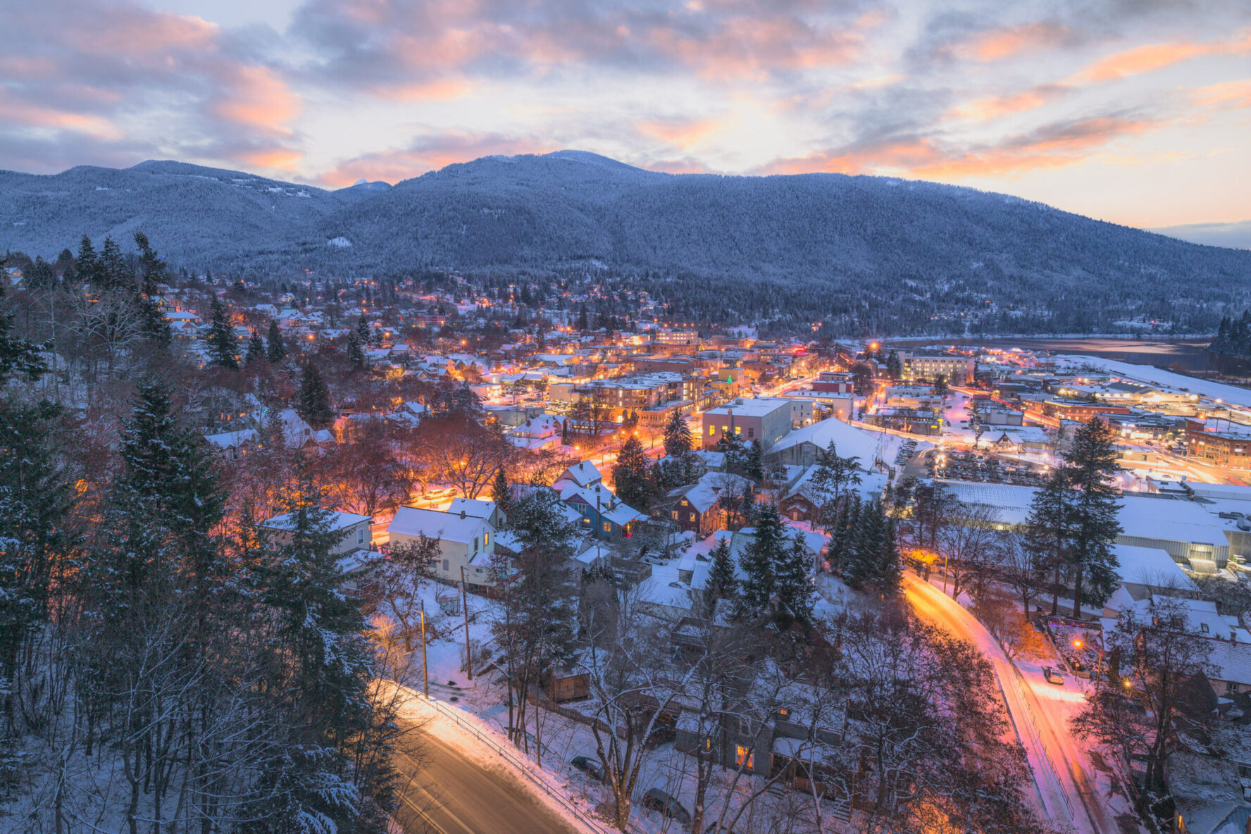 Aerial view of the famous Canadian ski town of Nelson in the winter.
