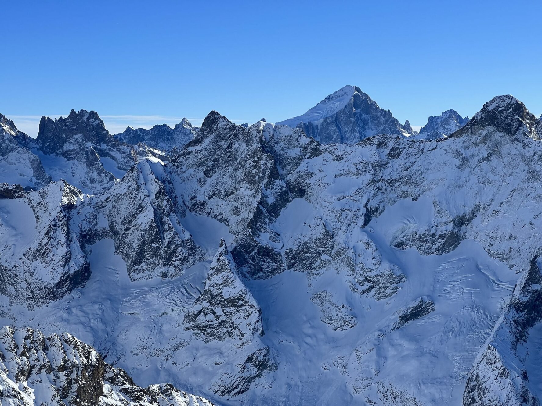 Snow-covered Alpine peaks in France.