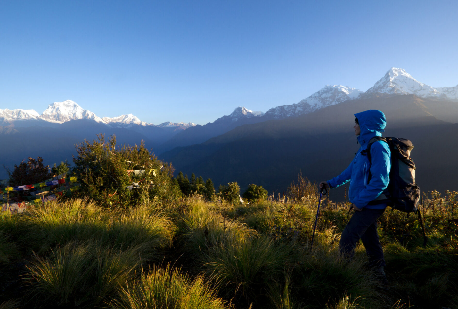 Trekker admiring impressive Himalayan views on the Ghorepani Poon Hill Trek.