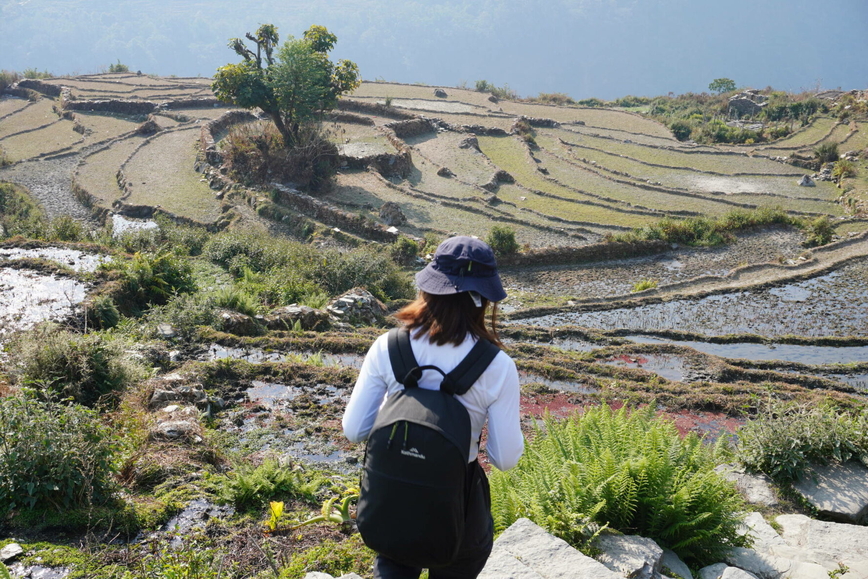 Trekker approaching Poon Hill, while on the Ghorepani Poon Hill Trek in Nepal.