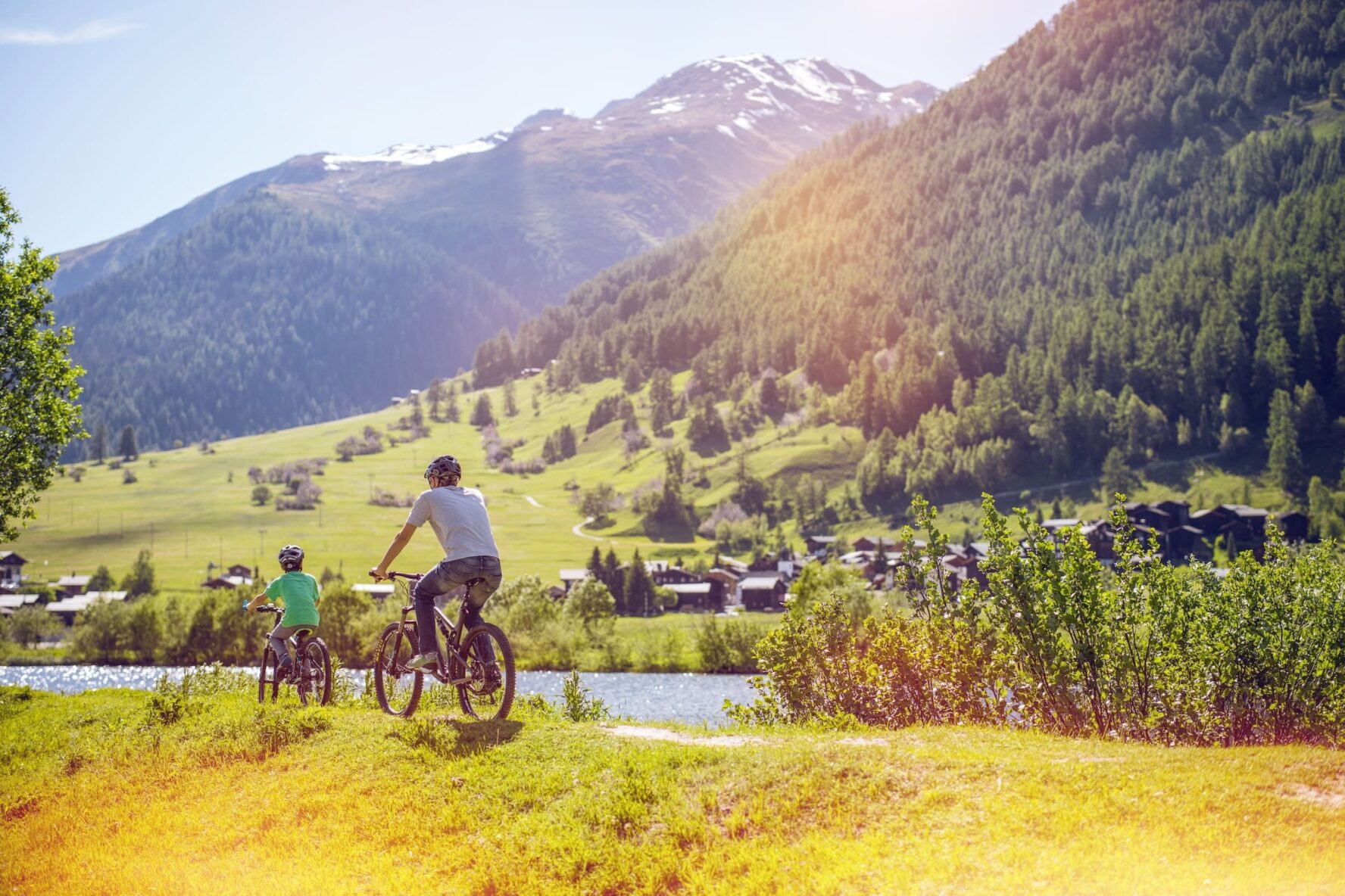 Cyclists in the Alpine scenery