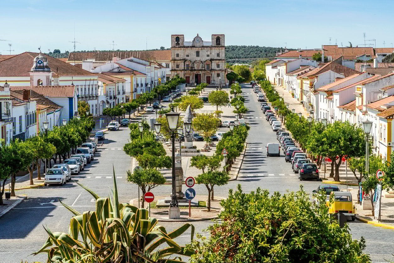 Main square in city center of historic Vila Vicosa, Alentejo, Portugal