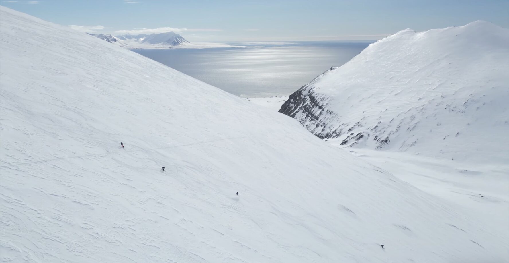 Birds eye of skiers in Svalbard