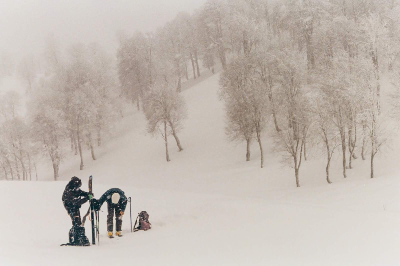 Skiers in a snow storm in Goderdzi, Georgia