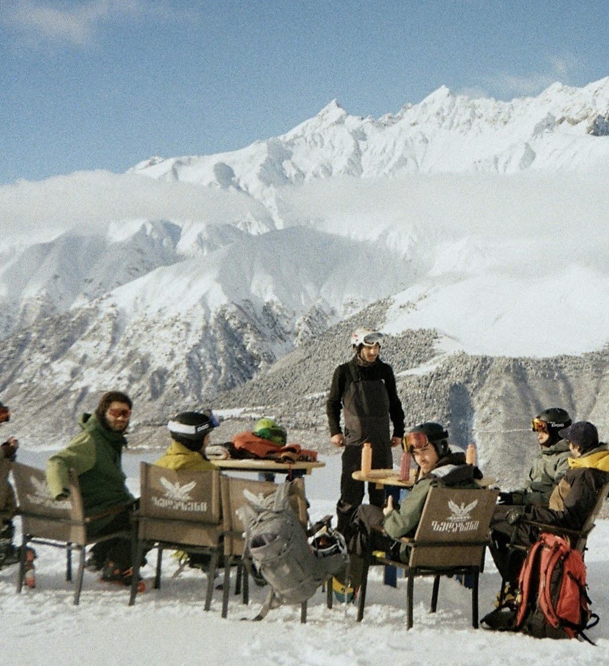 Skiers hanging out on the slopes of Svaneti