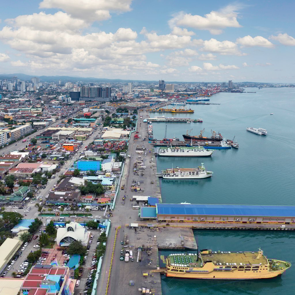 Aerial view of the harbor in Cebu city with various ferries and ships
