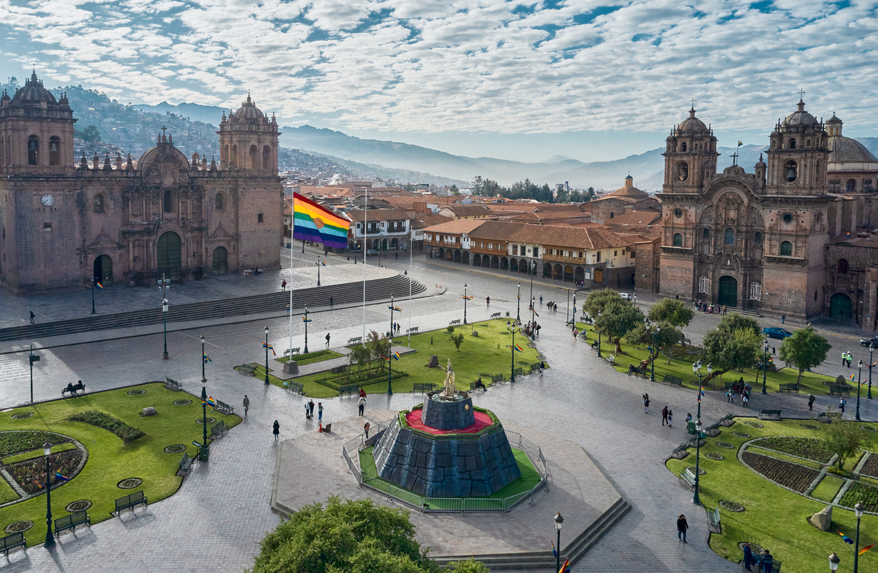 A city square in Cusco, Peru with a view of the church
