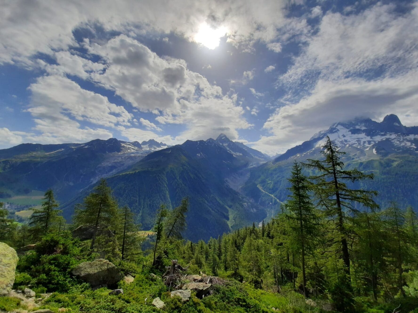 A panoramic view of the Mont Blanc massif from Argentière
