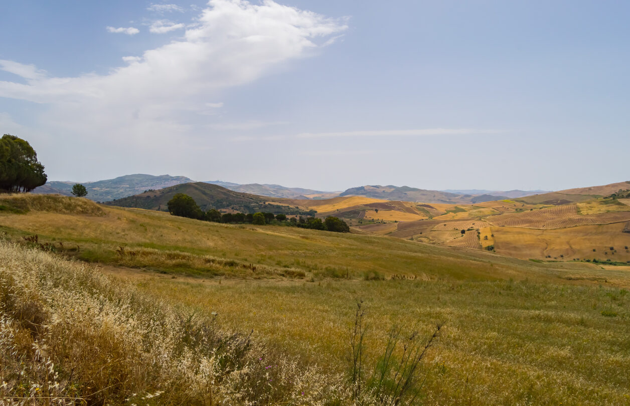 View of the countryside, fields and hills in the region of Vicari