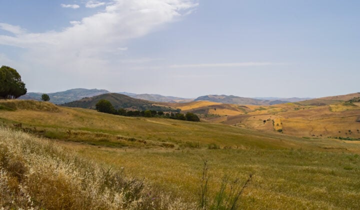 View of the countryside, fields and hills in the region of Vicari