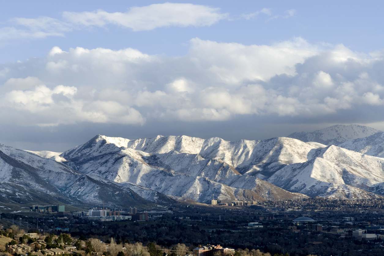 The white peaks of the Wasatch Mountains over Salt Lake City, Utah