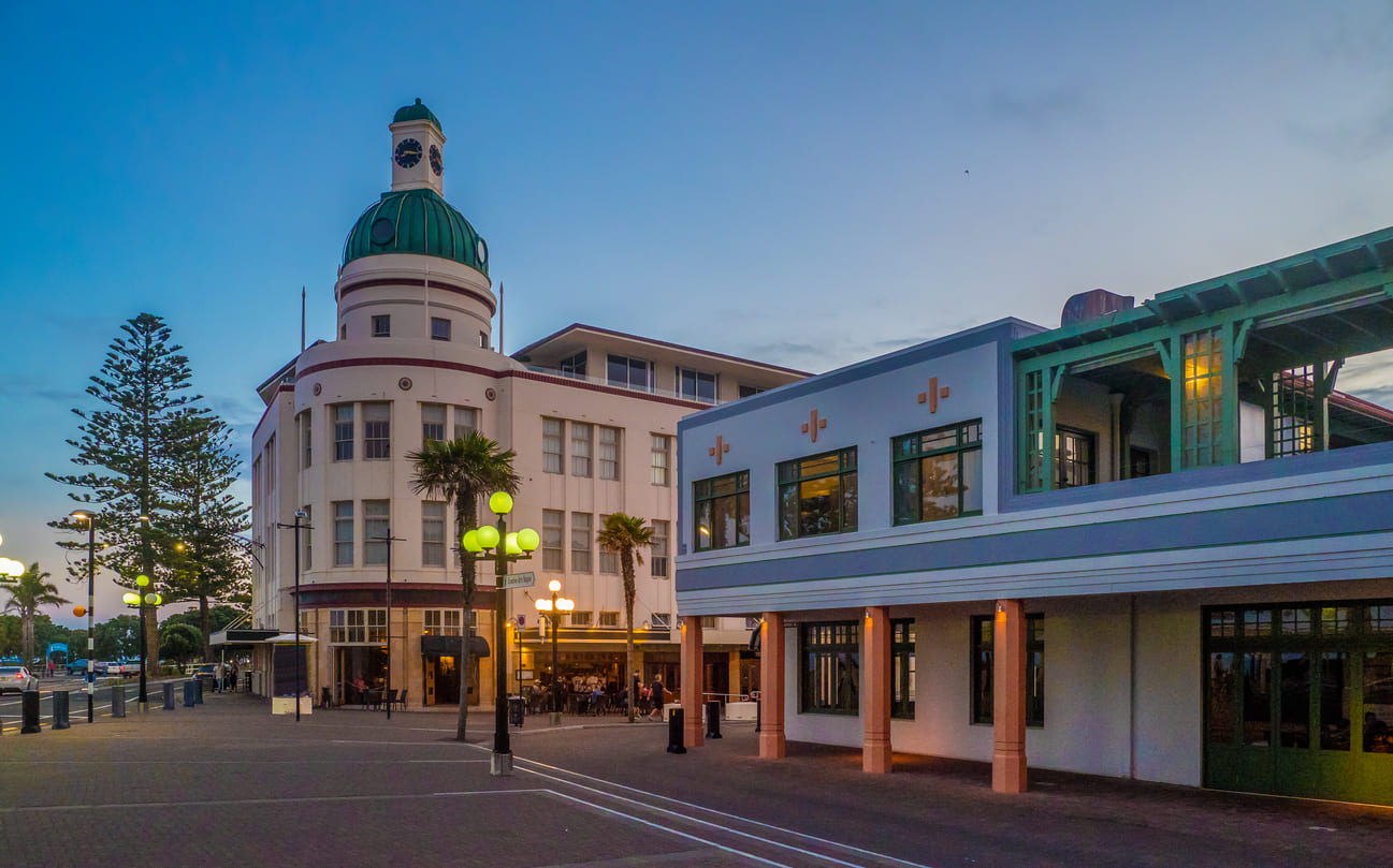 Art Deco architecture in Napier at sundown