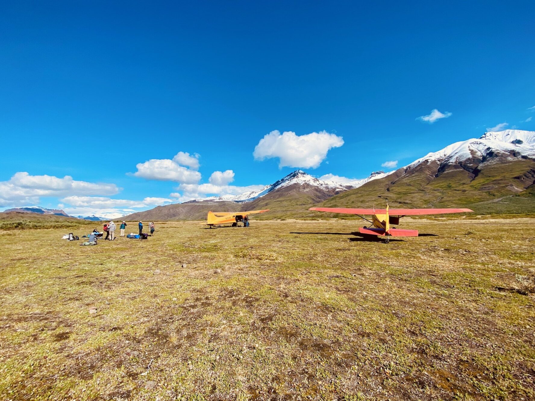 Bush planes on a grassy field with snow-capped mountain backdrop and hikers nearby