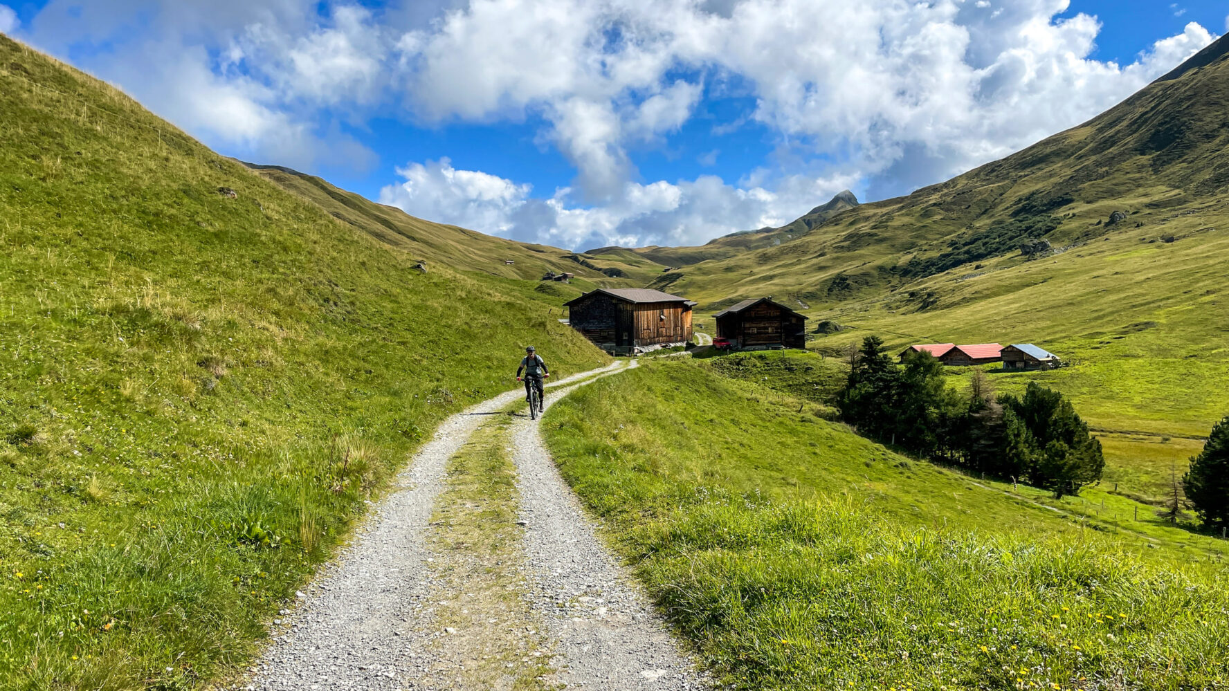 Clear skies and Alps cyclist