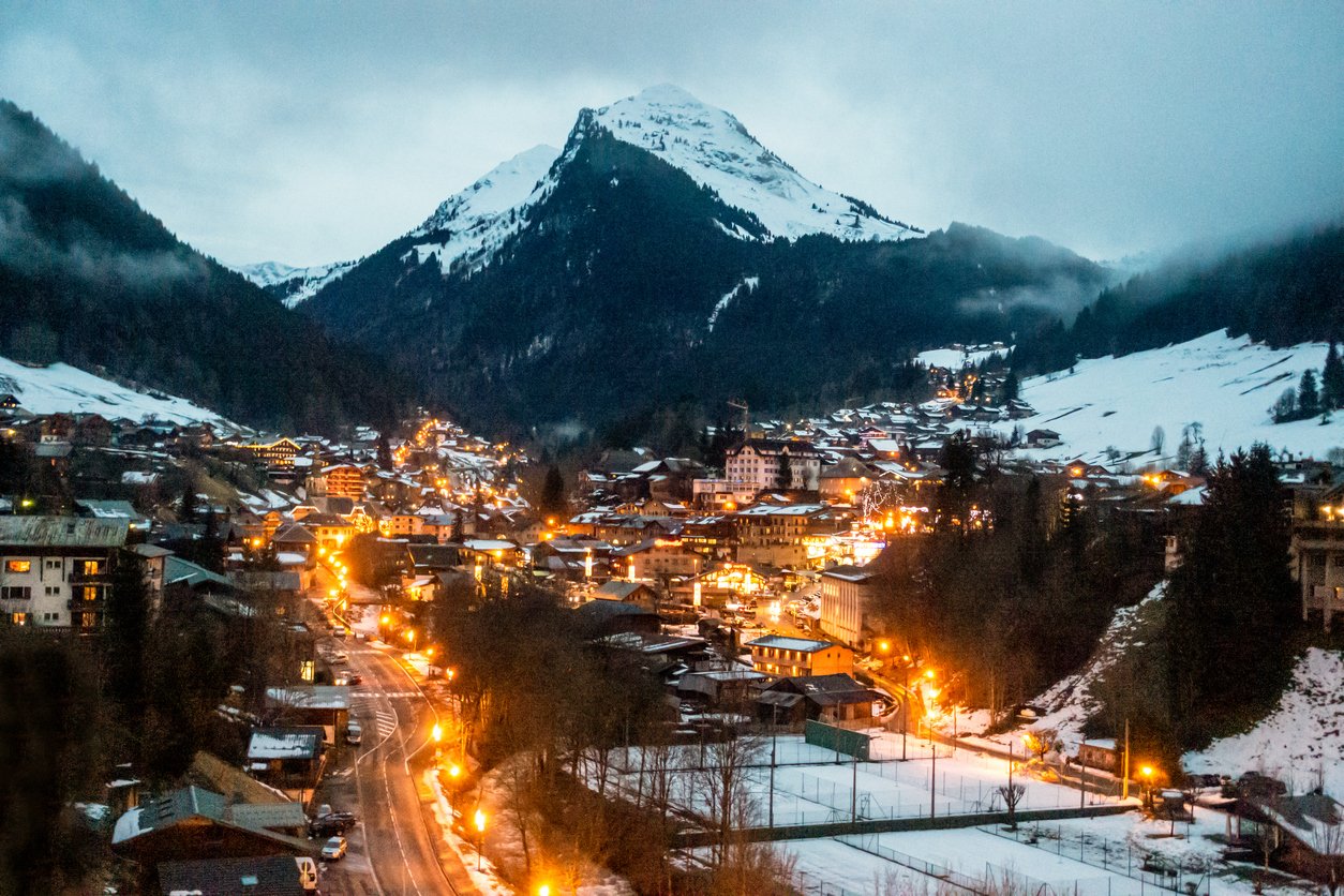 The ski resort town of Morzine at dusk